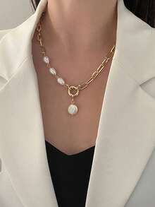 1件嘻哈风格仿珍珠吊坠项链 - 金黃色 - 查看 3