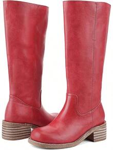 Women's Knee High Chunky Block Heel Square Toe Low Heel Boots, Style - Red - View 5