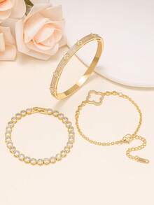 Ensemble de bracelets et de joncs avec fleurs et trèfles à quatre feuilles en zircone, bijoux de mode de luxe pour un port quotidien - Multicolore - Voir 3