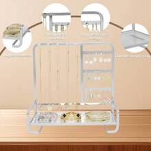 Jewelry Organizer Stand Metal Jewelry Rack With Acrylic Tray Necklace Storage Holder Fashionable Display Stand Rings, Earrings Bracelets Silver