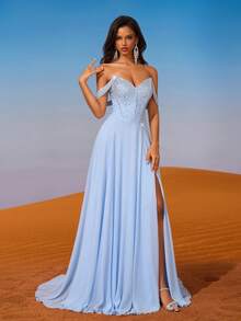 AOSHABABI 雪纺露肩长款晚礼服，水钻装饰修身紧身胸衣，露背，喇叭裙，适合正式场合、音乐节、庆典、婚礼、派对、毕业典礼、鸡尾酒会、约会、节日和伴娘礼服 - 淺藍色 - 查看 3