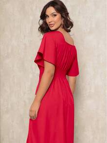 Women's Midi Dress With Short Sleeves, Princess Style, Elegant - 紅色的 - 查看 3