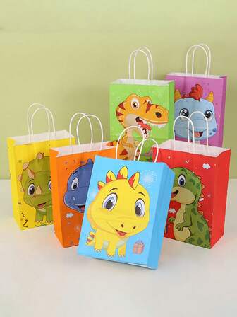 Random 3/6/12/24 New Dinosaur Pattern Gift Bags, Suitable For Party Birthday Gift Bags, Kraft Paper Bags, Souvenir Bags, Holiday Gift Bags, Souvenir Packaging, And Gift Wrapping For Children.