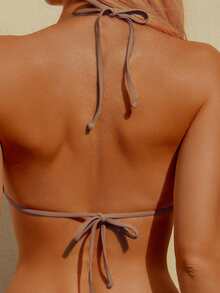 wohenmeili Bộ bikini nữ gợi cảm hở lưng, buộc dây cổ, xẻ tà, in họa tiết, phong cách nghỉ mát biển. - nền nâu trắng - Xem 3
