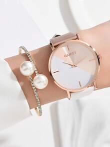 两件套女士手表，表盘采用配色设计，搭配珍珠水钻表带，适合日常通勤佩戴，也是各种节日礼物的理想之选。