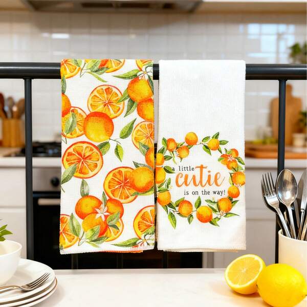 2 piezas Paños de cocina de estilo rústico de 15.7x23.6 pulgadas - Súper suaves de poliéster con diseño de acuarela de mandarina y "Pequeño lindo" Paños decorativos para té para cocinar, hornear, limpiar - Paños de cocina lavables a máquina. Alegre menaje de cocina. Tela de cocina