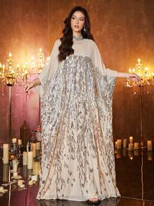 SUPGIR 女士【随机印花】立领长袖亮片拼接优雅晚礼服 开斋节 - 香檳色 - 查看 4