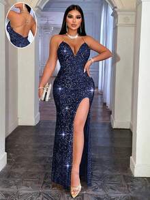 CHOSMO Đầm xòe lưng cao hở lưng đính sequin màu xanh nước biển, dây xích kim loại, váy dạ hội thanh lịch cho quý cô dự tiệc khiêu vũ, tiệc cưới, tiệc cocktail - Màu xanh hải quân - Xem 4
