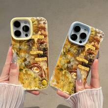 Funda para teléfono con diseño floral y de ojos soleados, compatible con teléfonos ,  17,  16 Pro Max,  15 Pro Max,  13 y  12. Fabricada en TPU, ofrece protección contra golpes y caídas. Un regalo perfecto para familiares, amigos, parejas y amantes del arte. - Amarillo - Ver 3