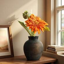 1个复古花瓶，乡村复古圆形手工陶瓷装饰花瓶，适合情人节、感恩节、家庭聚会、客厅、办公室、玄关装饰。 - 棕色 - 查看 4