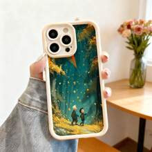 Cubierta de telefono con borde negro diseño de bosque mágico con niños caminando hojas amarillas y estrellas doradas para uso diario y estilo artístico - Negro - Ver 3
