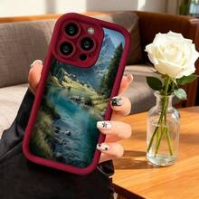Cubierta de teléfono con borde negro y diseño de paisaje montañoso con lago cristalino para iPhone 14 Pro Max estilo natural escénico ideal para uso diario y viajes - Burdeos - Ver 2