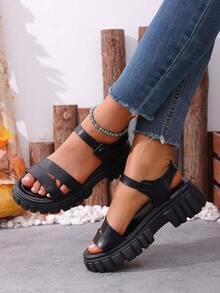 Giày sandal đế dày đế xuồng quai khóa PU thanh lịch cho nữ, màu trơn, thiết kế thoải mái khi đi chơi ngoài trời, xuân/hè - màu đen - Xem 4