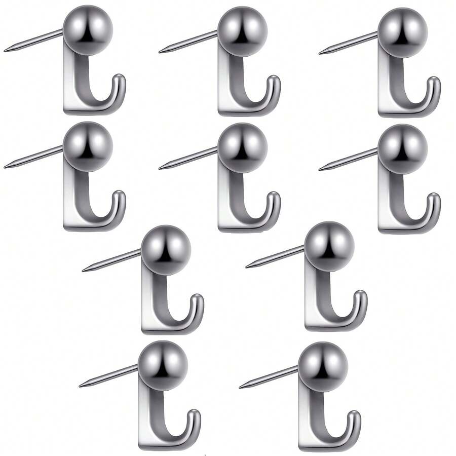 10 Pieces Metal Push Pin Hangers Pin Wall Hooks Picture Hanging Pin Picture Nails Frame Oil Painting Hooks On Wooden Or Fabric Wall For Home Or Office - Silver - View 1