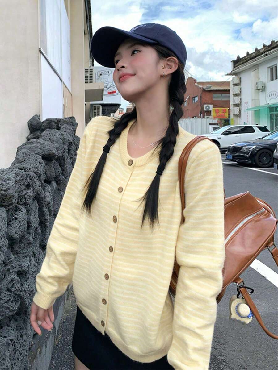 New Arrival Autumn Round Neck Striped Contrast Color Korean Style Long Sleeve Niche Cardigan Sweater (Random Stripe) - Light Yellow - View 1
