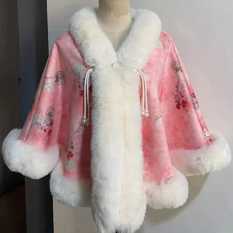 Perfect Gift Choice - Chinese Style Pearl Button Shawl With Faux Rabbit Fur Trim - Elegant Retro Solid Color Cape In Yellow & Pink For Christmas Parties, Bridal Events & Special Occasions - Women's Thermal Winter Wrap For Daily Wear, Travel & Evening Even - 紅色 - 查看 1