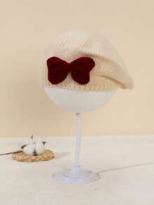 1顶女童红色天鹅绒蝴蝶结针织帽，儿童贝雷帽，画家帽 - 1PC - 查看 13