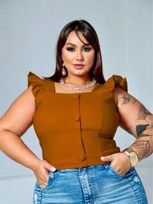 Women's Summer Plus Size Cropped Blouse With Ruffled Sleeves, Button Detail, Back Zipper, Curve Look, Sizes 44 To 54 - Camel - View 1