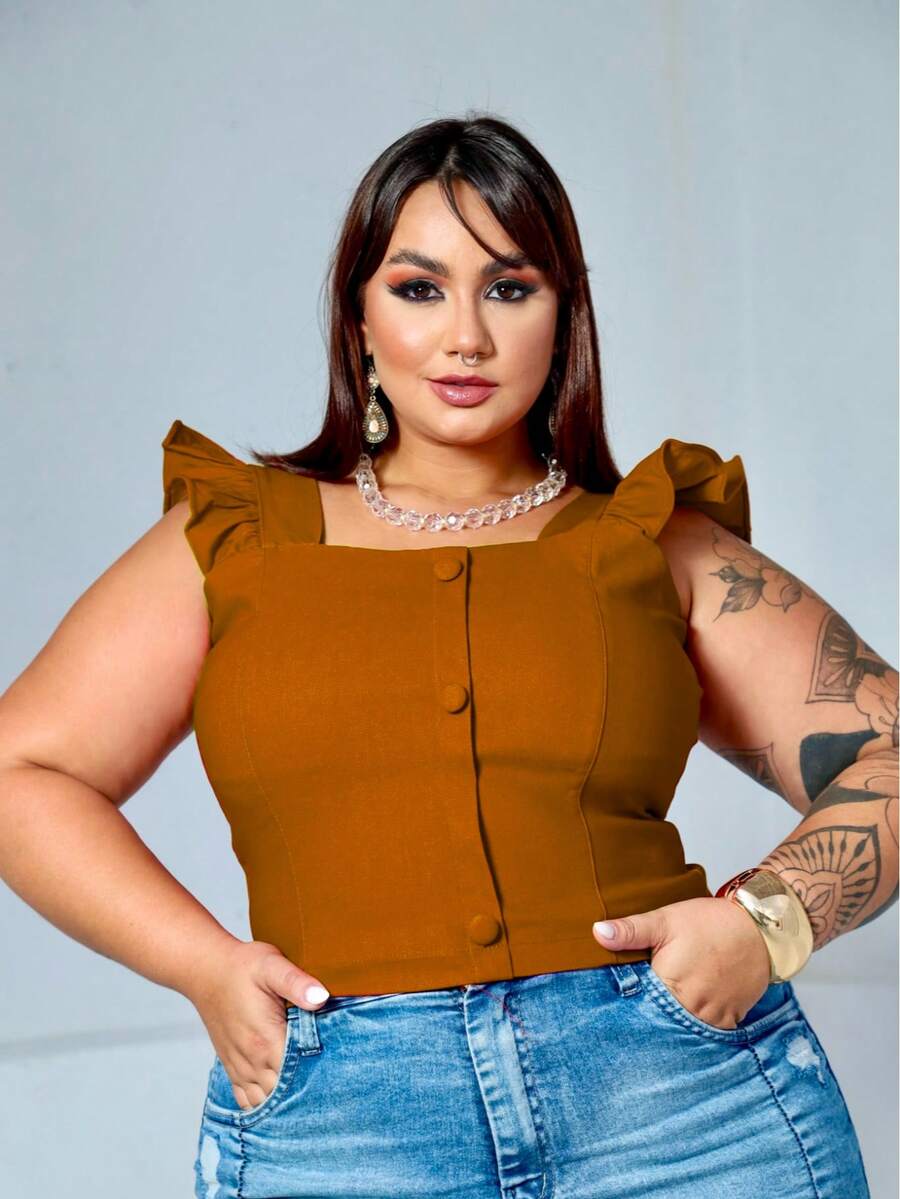 Women's Summer Plus Size Cropped Blouse With Ruffled Sleeves, Button Detail, Back Zipper, Curve Look, Sizes 44 To 54 - Camel - View 1