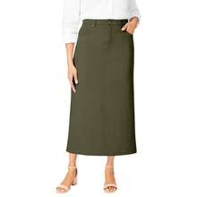 Jessica London Women's Plus Size Classic Cotton Denim Midi Skirt - 深橄欖綠 - 查看 1