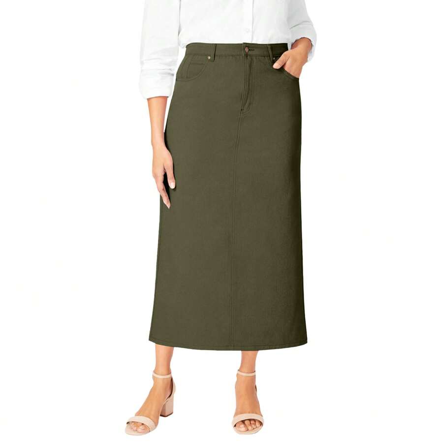 Jessica London Women's Plus Size Classic Cotton Denim Midi Skirt - 深橄欖綠 - 查看 1