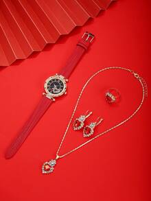1pc Women's Elegant Quartz Watch With Rhinestone Bracelet + Jewelry Set, Ideal Gift For Christmas And Other Holidays - Red - View 5