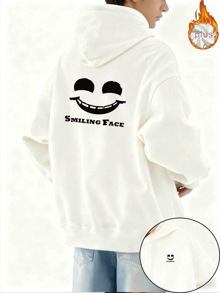 2025 Sudadera con Capucha de Forro Polar de Ajuste Holgado para Hombre Otoño Invierno Nuevo Estilo Coreano  Ins Casual Versátil Cálido de Manga Larga Top Juvenil Estudiante Impresión de Cara Sonriente Chaqueta Pullover - Blanco - Añade 1