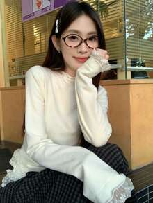 女式双层蕾丝边高领修身抽绳长袖 T 恤