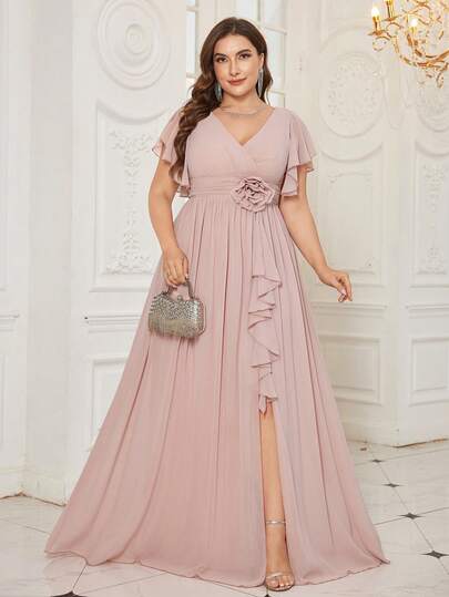 UNITHORSE 大码女式 V 领纯色雪纺优雅花卉交叉高开衩 A 字裙，伴娘礼服