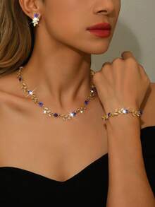 Elegant Crystal Bridal Jewelry Set, Tree Branch & Flower Shaped Earrings, Necklace, Bracelet, Suitable For Daily, Banquet, Party Wear, Holiday Gift - Multicolor - View 13