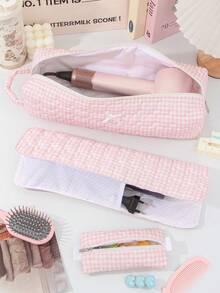 1 Peça/Conjunto Bolsa de Armazenamento Acolchoada com Estampa Xadrez Rosa para Ferramentas de Cabeleireiro, Bolsa de Armazenamento para Secador de Cabelo, Bolsa de Armazenamento para Ferros de Ondular, Suporte para Secador de Cabelo, Bolsa para Ferramentas de Cabelo, Bolsa para Presilhas de Cabelo, Organizador de Transporte para Ferramentas de Ondulação do Cabelo, Ferros de Ondular, Secador de Cabelo, Presilhas de Cabelo, Pente