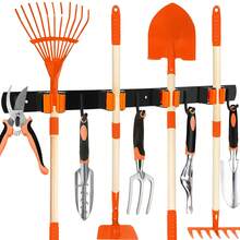 Organizador de ferramentas de aço inoxidável reforçado com 4 compartimentos e 5 ganchos, prateleira de parede laranja para ferramentas de jardinagem, vassouras, esfregões e equipamentos de garagem - Design robusto que economiza espaço, construção durável, perfeito para entusiastas do faça você mesmo. - Laranja - Ver 2
