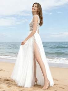 1pc Long White Lace Mesh High Slit Maxi Dress, Beach Wedding Gown, Casual Sheer Slim Design Party Evening Dress - White - View 1