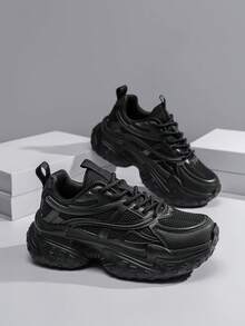 Women's Chunky Sneakers, New Autumn Lace-Up Low-Top Casual Shoes, Comfortable & Lightweight Leather & Mesh Breathable Outdoor Running Shoes, Simple Solid Retro Distressed Casual Sports Shoes, Petite Women Essential Height Increasing Vacation Travel Streetwear Shoes - Black - View 4