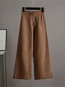 Ladies' Early Autumn New Sweater Fashion Two-Piece Set: Unique Pattern Round Neck Drop Shoulder Long Sleeve Pullover + Straight Wide Leg Pants Combination, Loose And Casual Series - Khaki - View 3