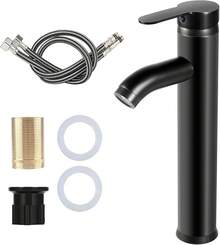 Monomando para Lavabo de Baño,VAGALBOX Grifo de Baño de un Orificio, Grifos de Cocina Grifo, Llave para Lavabo de Baño Agua Caliente y Fría Grifo con 2 Manguera - Negro - Ver 11