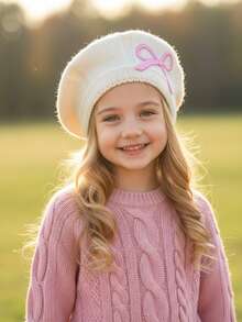 1pc Girls' Embroidered Bow Knit Beret Hat, New Autumn/Winter Knitted Hat, Decorative Hat, Painter Cap, Warm For Autumn/Winter, Versatile For All Seasons - 1PC - View 7