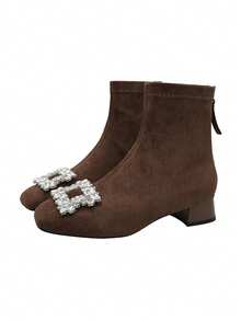 Qiluyuan Women's Fashion Boots, New Luxury Rhinestone Buckle Decor Square Toe Mid Heel Thick Heel Office Boots, Elastic Slim Fit Ankle Boots For Holiday Events, Dates - Coffee Brown - View 15