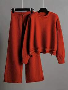 Women's Loose Solid Color Knitted Two Piece Set (Spring Thin) - Round Neck Long Sleeve Irregular Hem Autumn/Winter Sweatshirt And Wide Leg Pants With Split Cuffs, Comfortable Casual Wear, Casual Sportswear, Casual Knitted Set, Women's Thin Knitted Sweater Set, Women's Sportswear Set - 紅色 - 查看 1