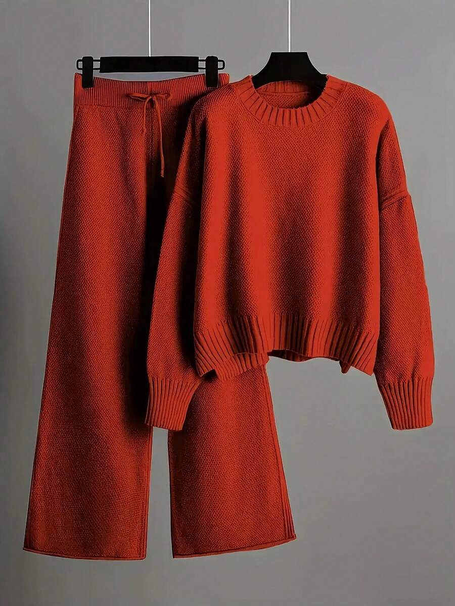 Women's Loose Solid Color Knitted Two Piece Set (Spring Thin) - Round Neck Long Sleeve Irregular Hem Autumn/Winter Sweatshirt And Wide Leg Pants With Split Cuffs, Comfortable Casual Wear, Casual Sportswear, Casual Knitted Set, Women's Thin Knitted Sweater Set, Women's Sportswear Set - 紅色 - 查看 1