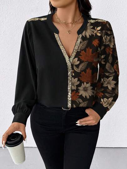 大码女式花卉叶子印花亮片拼接V领长袖优雅衬衫，休闲上衣，春秋季