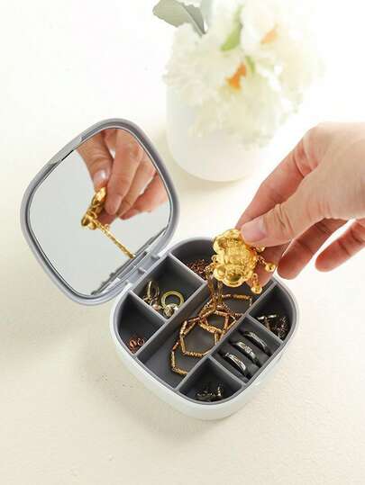1个便携式首饰盒，耳环项链戒指收纳盒，抗氧化小鸡图案首饰收藏盒，带镜子的小型饰品整理盒，适合梳妆台首饰收纳、旅行、情人节、母亲节黄金首饰礼盒