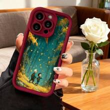 Cubierta de telefono con borde negro diseño de bosque mágico con niños caminando hojas amarillas y estrellas doradas para uso diario y estilo artístico - Negro - Ver 4