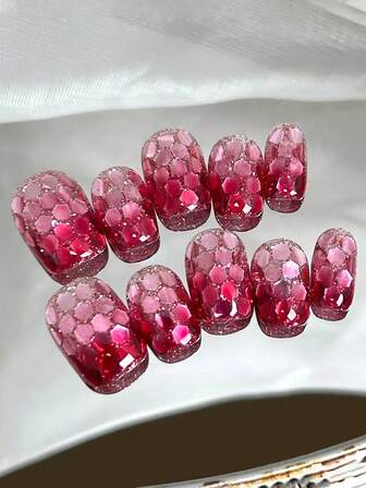 10pcs Metallic Pink Glitter Y2K Square Short Gradient Nail Tips, Minimalist Girly Design, Suitable For Daily Wear, Press-On Artificial Nails For Women