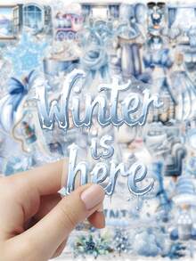 51 delar akvarell vinterklistermärken, blåvita snögubbe-snöflingor och mysiga djur i hattar, dekaler, för dagbok, gratulationskort, scrapbooking och presentdekor, julklistermärken