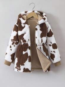 Girls' Warm Plush Reversible Hooded Zip-Up Cardigan, Fashionable Outerwear For Autumn/Winter - Khaki - View 5