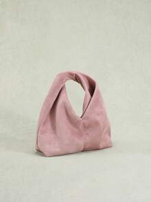 1件秋冬新款粉色复古丝绒质感PU皮革手提包，雕塑感简约设计托特包，适合通勤和搭配外套 - 粉色 - 查看 4