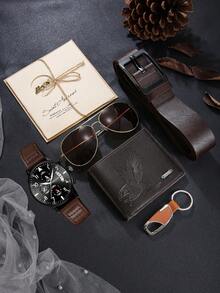 7pcs Men's Classic Fashion Casual Versatile Watch, Wallet, Belt, Sunglasses, Keychain, LED Light, Greeting Card Gift Set With Gift Box, Perfect For Him On Holidays, Birthdays, Father's Day, Daily Accessories - Brown - View 4