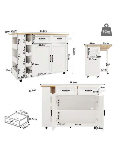 Kitchen Isl Serving Cart Countertop, Cabinet, Trolley, Food Four Doors Two Drawers, Wood Finish view 6