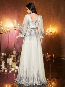 UNITHORSE [In ngẫu nhiên] Đầm dạ hội voan ôm sát cổ chữ V tay bồng cho nữ - Màu be - Xem 2